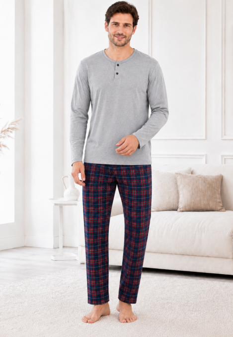 Pijama barbati Serena cu maneca lunga si pantalon lung-Gri,Engros